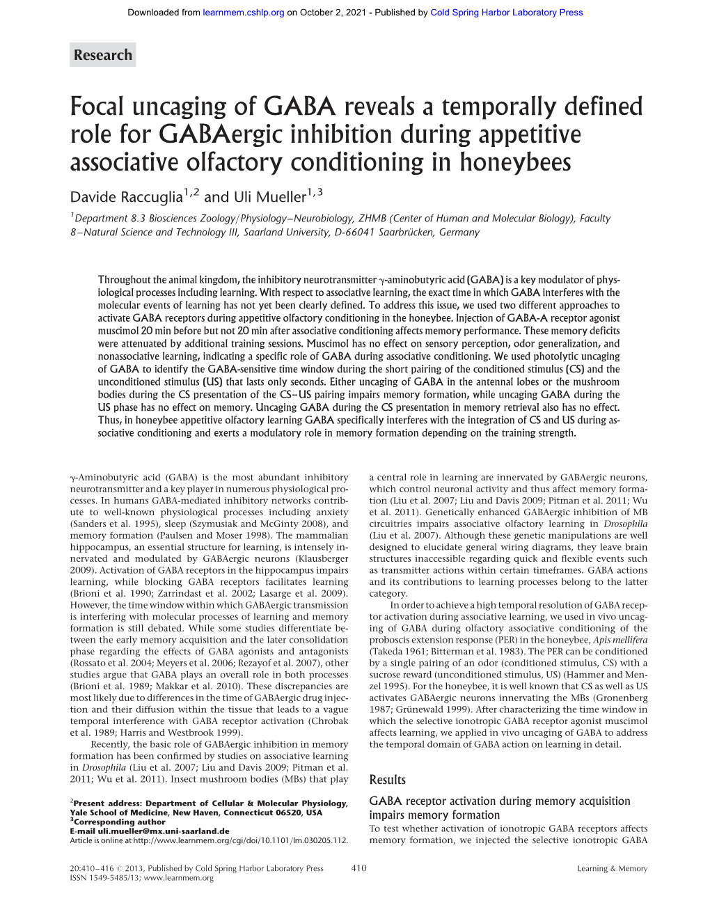Focal Uncaging of GABA Reveals a Temporally Defined Role for Gabaergic Inhibition During Appetitive Associative Olfactory Conditioning in Honeybees