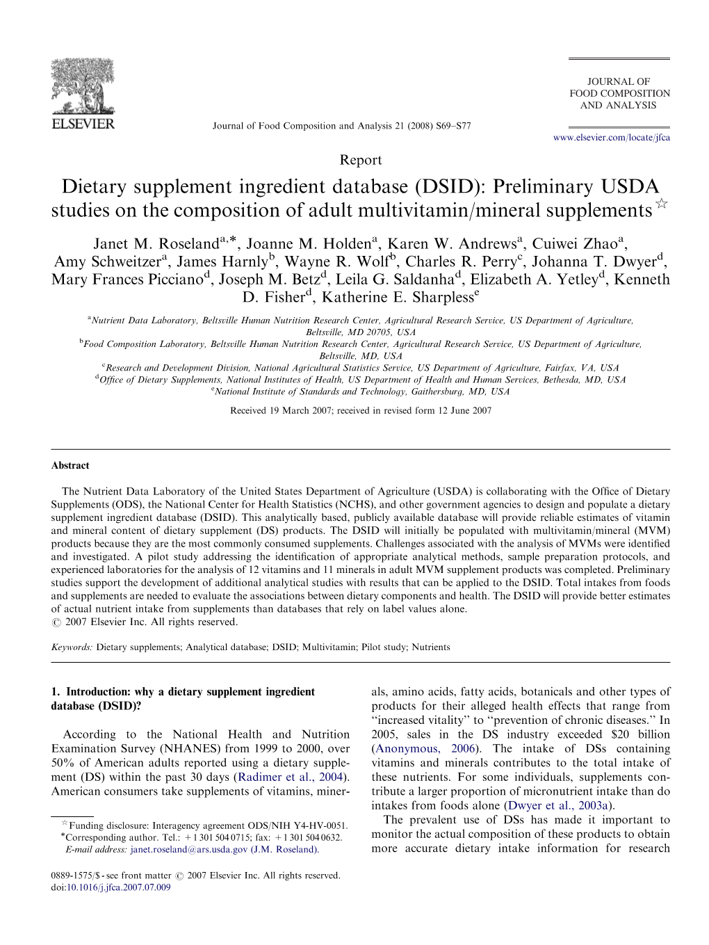 Dietary Supplement Ingredient Database (DSID): Preliminary USDA Studies on the Composition of Adult Multivitamin/Mineral Supplements$