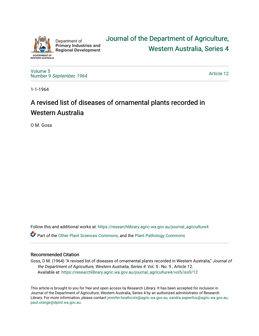 A Revised List of Diseases of Ornamental Plants Recorded in Western Australia