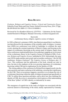 Evolution, Religion and Cognitive Science: Critical and Constructive Essays, Edited by Fraser Watts and Léon Turner