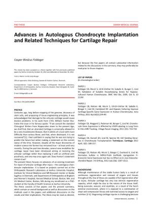 Advances in Autologous Chondrocyte Implantation and Related Techniques for Cartilage Repair