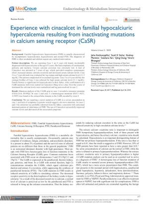 Experience with Cinacalcet in Familial Hypocalciuric Hypercalcemia Resulting from Inactivating Mutations in Calcium Sensing Receptor (Casr)