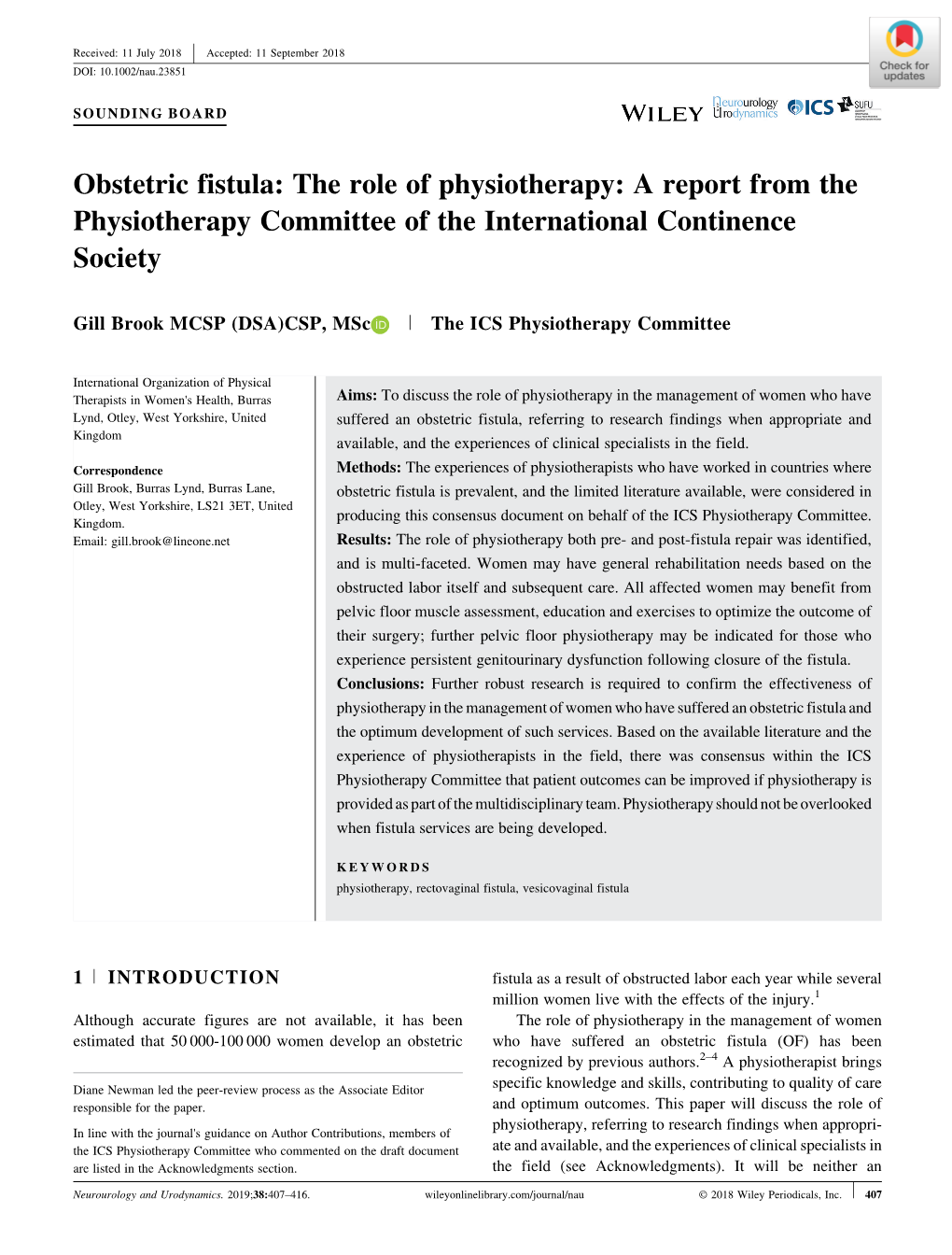 Obstetric Fistula: the Role of Physiotherapy: a Report from the Physiotherapy Committee of the International Continence Society