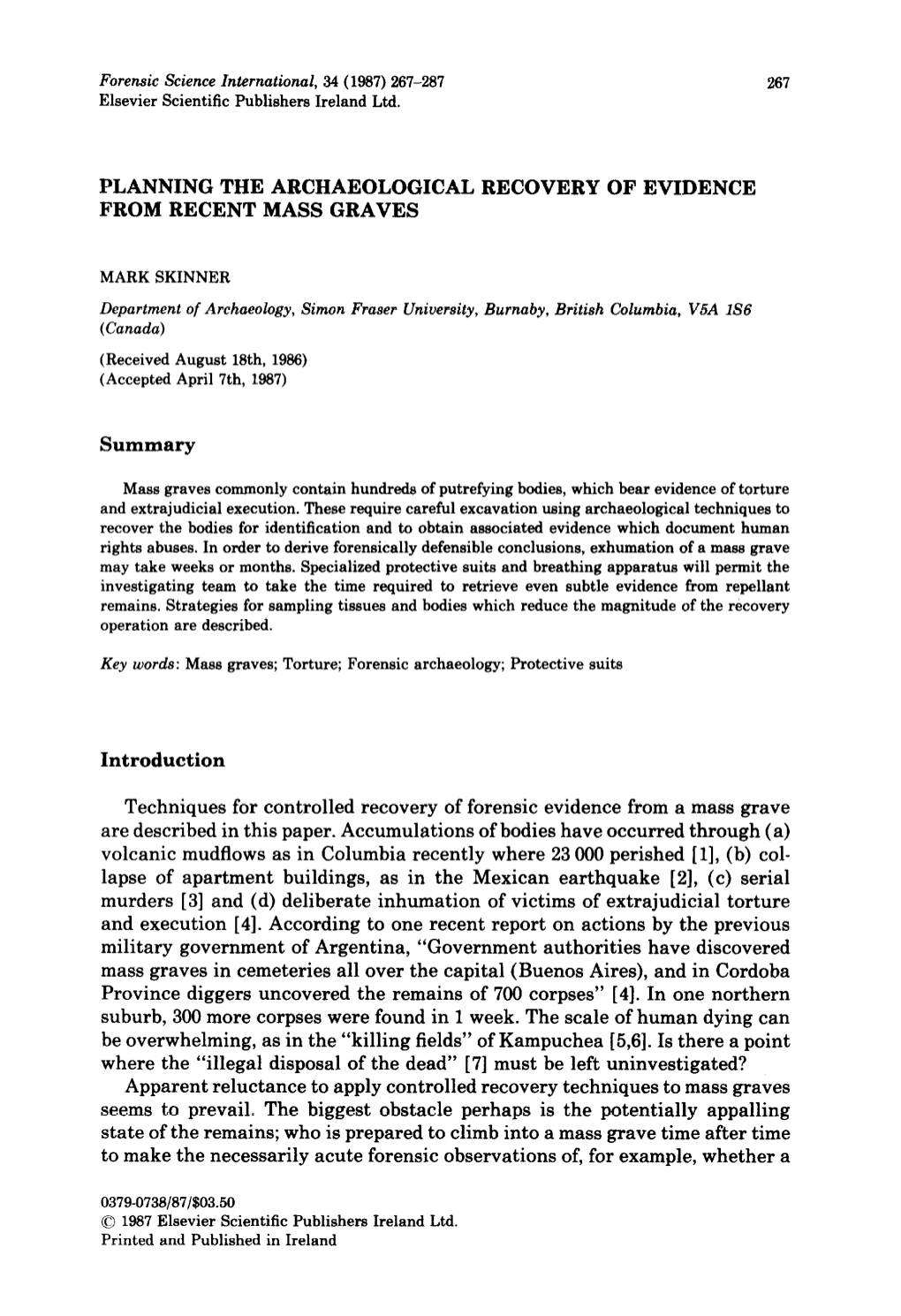 Planning the Archaeological Recovery of Evidence from Recent Mass Serious