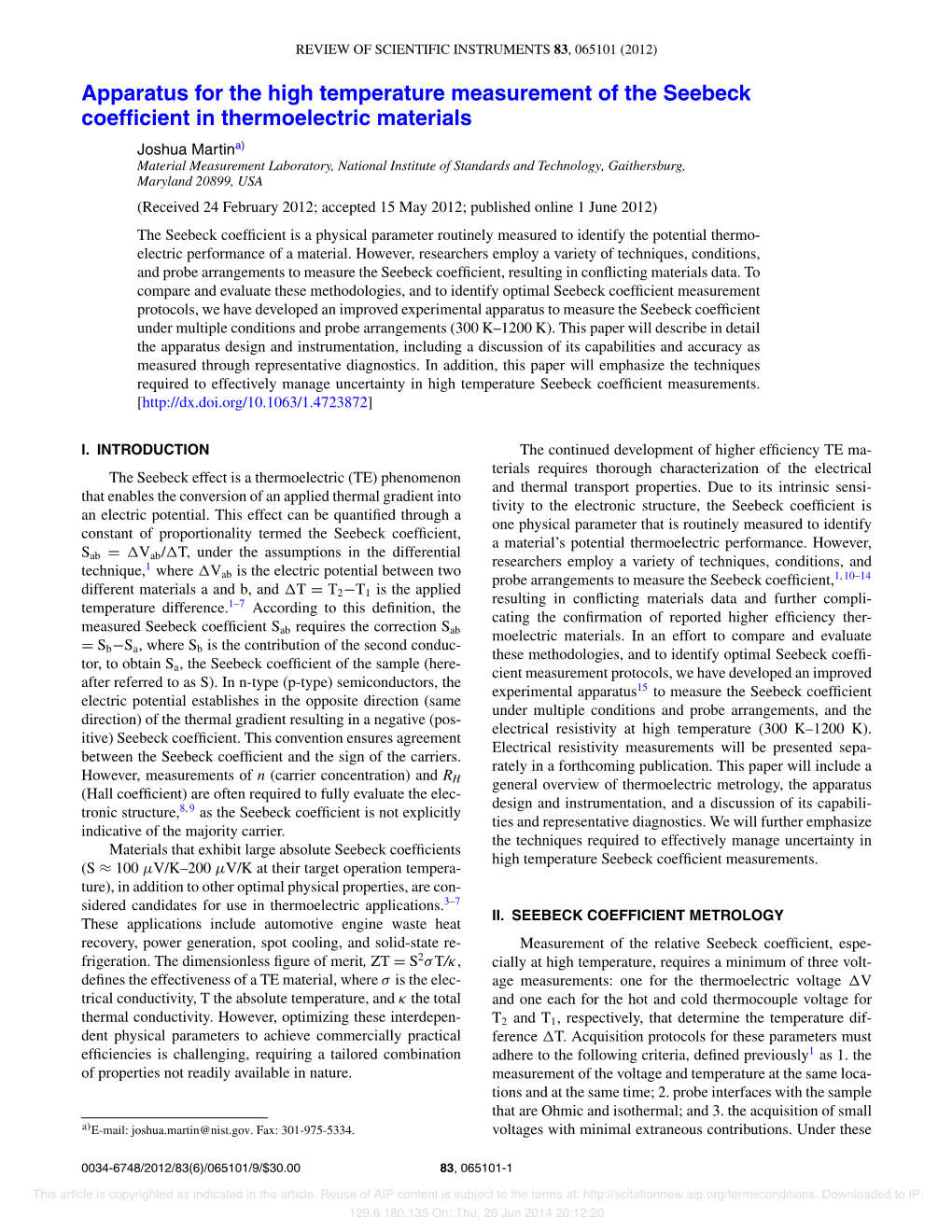 Apparatus for the High Temperature Measurement of the Seebeck Coefficient in Thermoelectric Materials