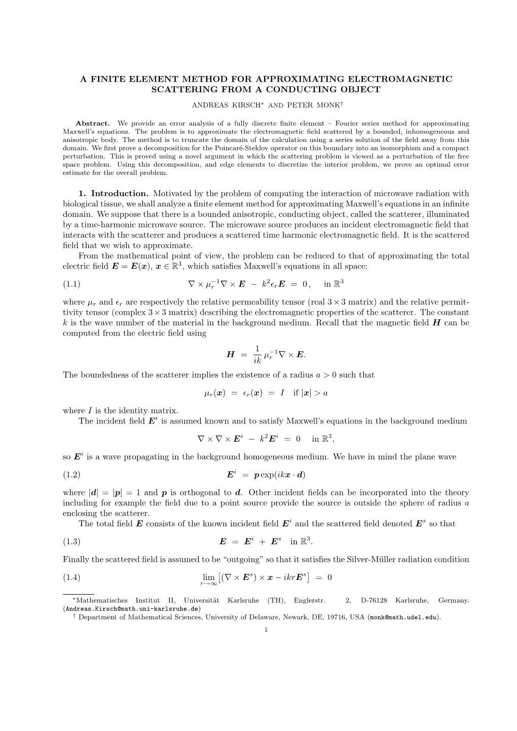 A Finite Element Method for Approximating Electromagnetic Scattering from a Conducting Object