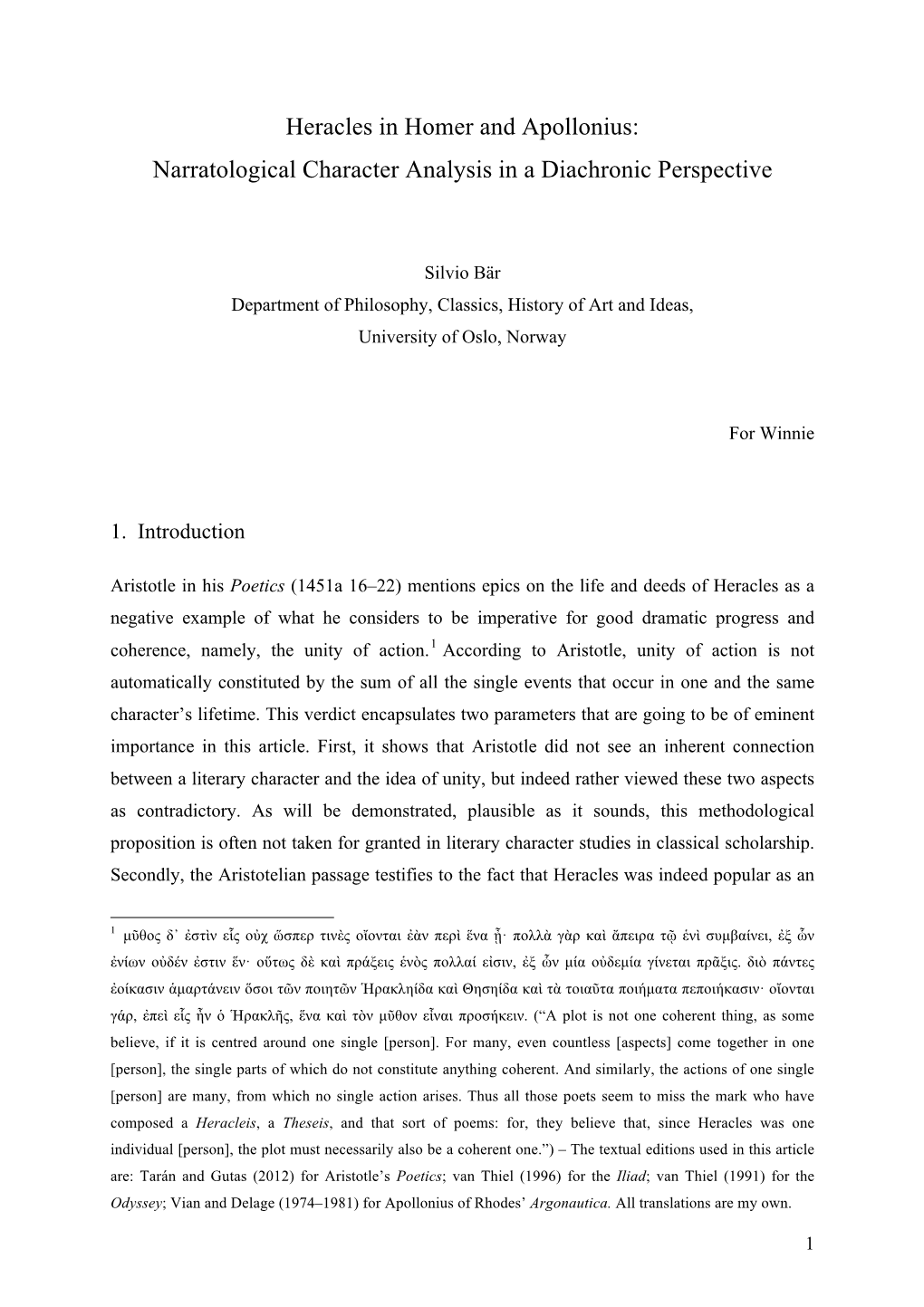 Heracles in Homer and Apollonius: Narratological Character Analysis in a Diachronic Perspective