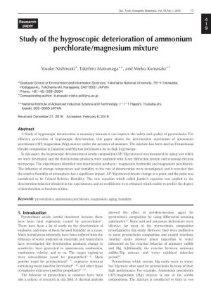 Study of the Hygroscopic Deterioration of Ammonium Perchlorate / Magnesium Mixture