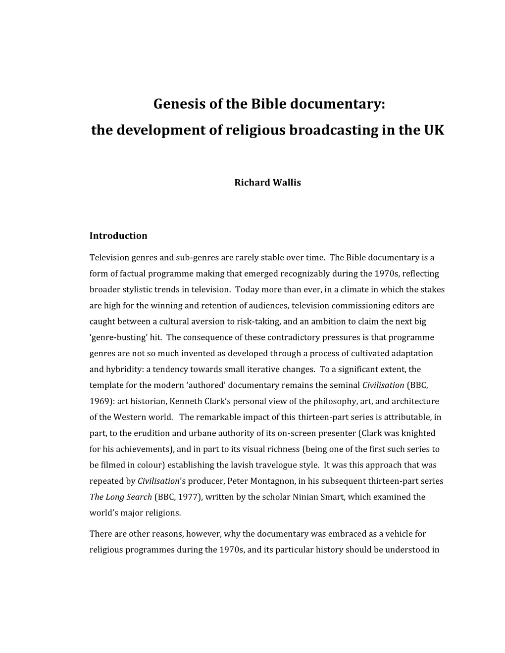 Genesis of the Bible Documentary: the Development of Religious Broadcasting in the UK