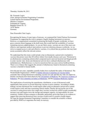 Letter to Fernando Lugris, United Nations Environment Programme
