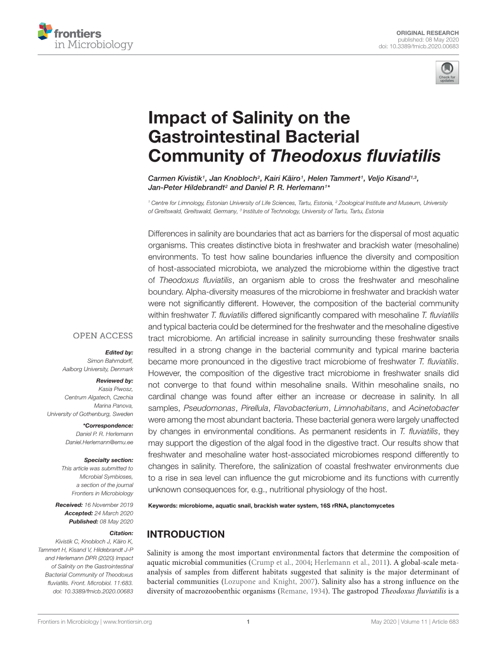 Impact of Salinity on the Gastrointestinal Bacterial Community of Theodoxus ﬂuviatilis