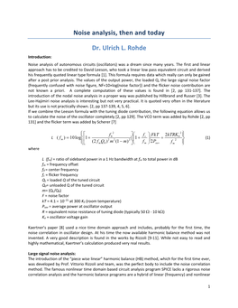 Noise Analysis, Then and Today Dr. Ulrich L. Rohde