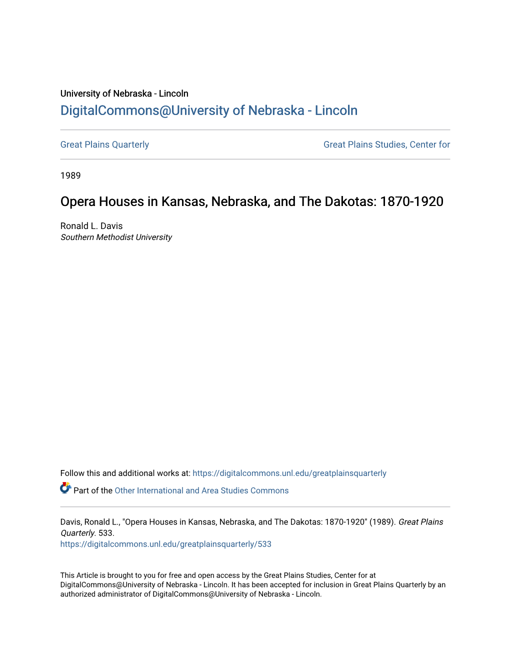 Opera Houses in Kansas, Nebraska, and the Dakotas: 1870-1920