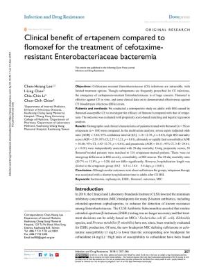Clinical Benefit of Ertapenem Compared to Flomoxef for the Treatment of Cefotaxime- Resistant Enterobacteriaceae Bacteremia