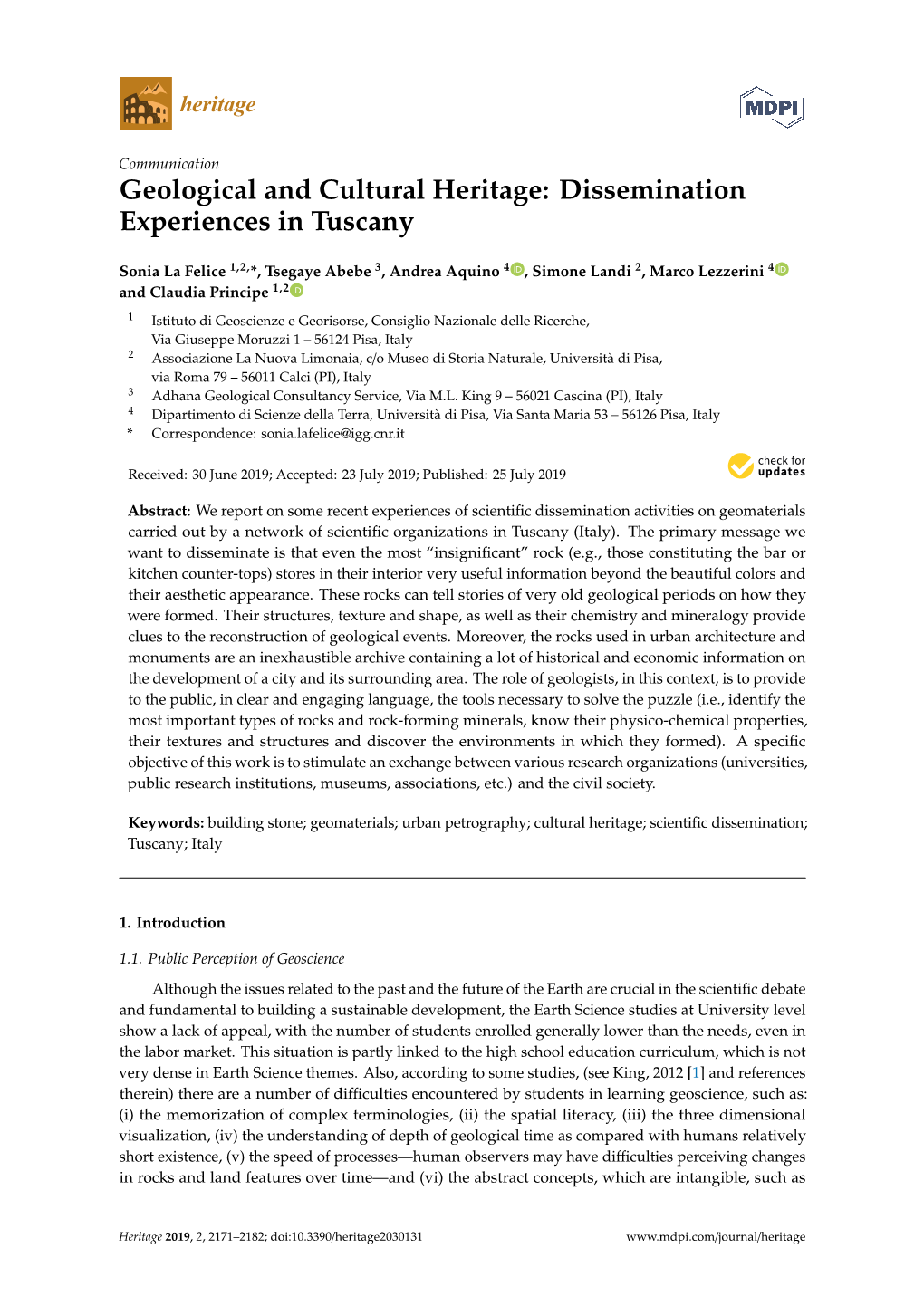 Geological and Cultural Heritage: Dissemination Experiences in Tuscany