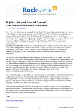 40 Jahre „Damned Damned Damned“ Erstes Punk-Rock-Album Aus U.K