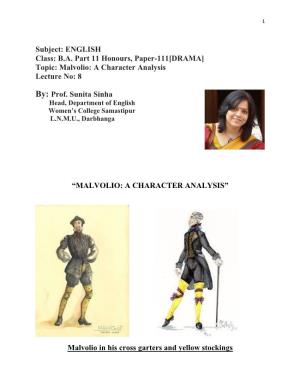 Malvolio: a Character Analysis Lecture No: 8