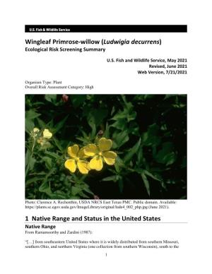 Wingleaf Primrose-Willow (Ludwigia Decurrens) Ecological Risk Screening Summary