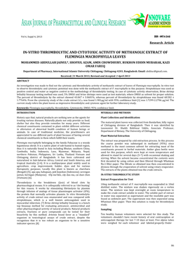 In-Vitro Thrombolytic and Cytotoxic Activity of Methanolic Extract Of