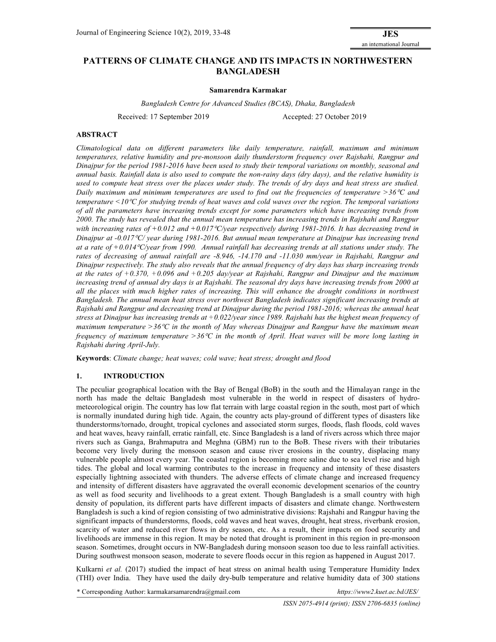 Patterns of Climate Change and Its Impacts in Northwestern Bangladesh