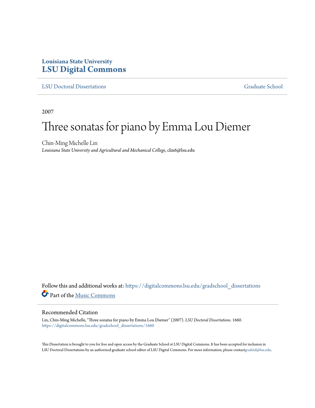 Three Sonatas for Piano by Emma Lou Diemer Chin-Ming Michelle Lin Louisiana State University and Agricultural and Mechanical College, Clin6@Lsu.Edu