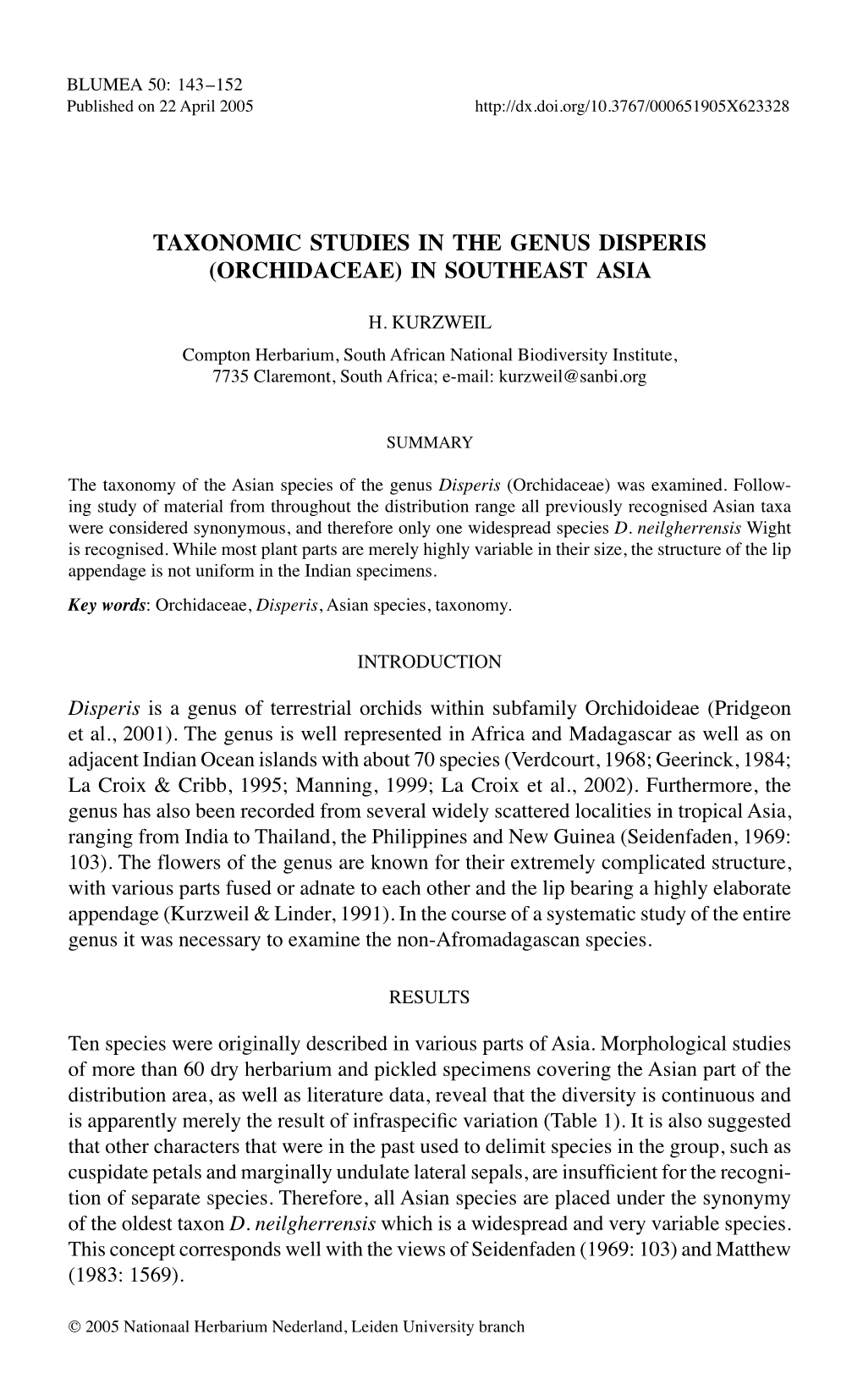 Taxonomic Studies in the Genus Disperis (Orchidaceae) in Southeast Asia