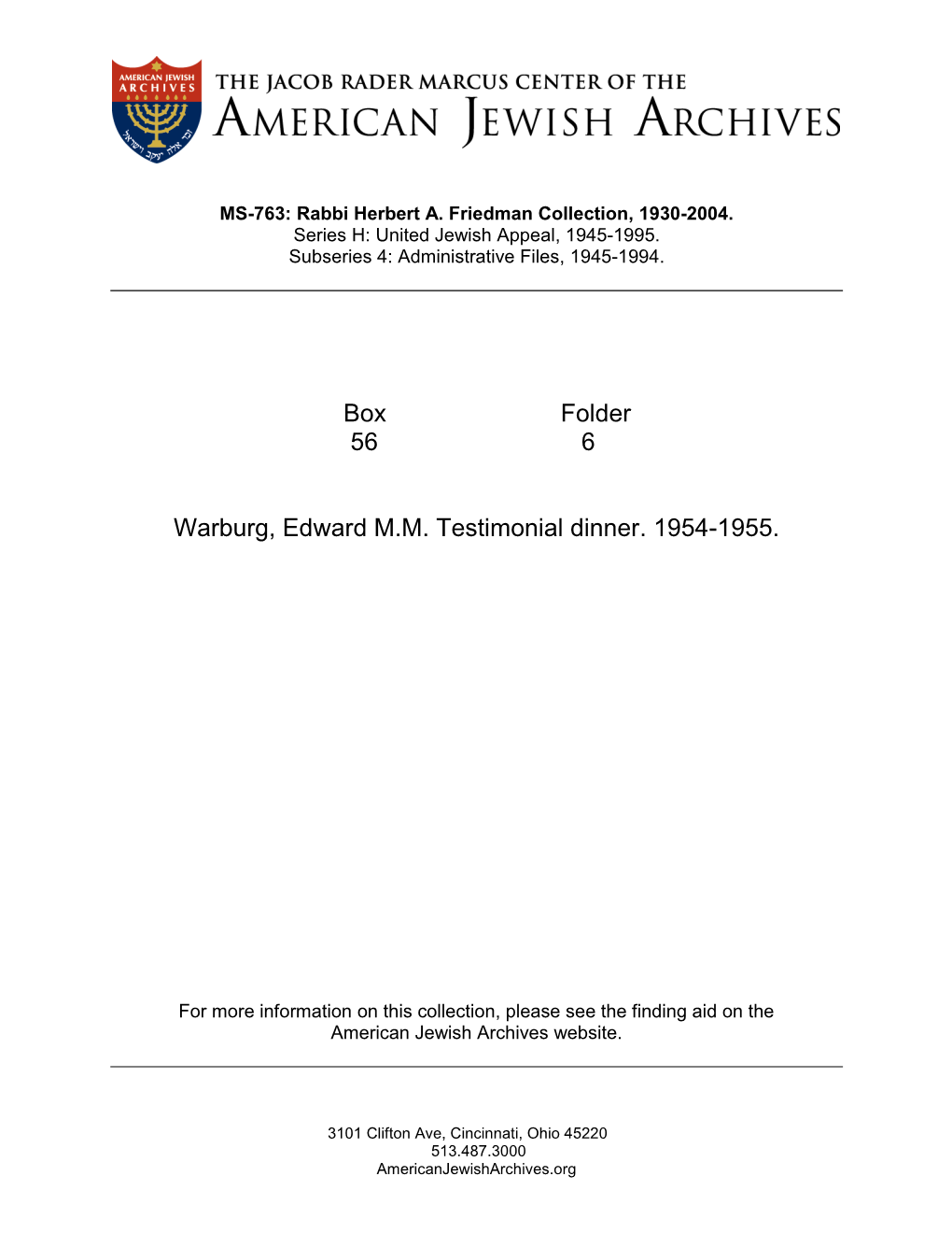 Box Folder 56 6 Warburg, Edward M.M. Testimonial Dinner. 1954-1955