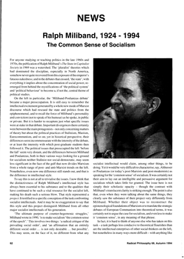 Ralph Miliband, 1924 - 1994 the Common Sense of Socialism