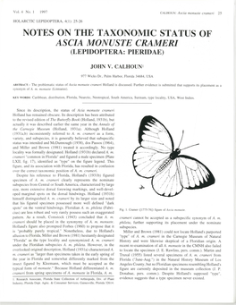 Notes on the Taxonomic Status of Ascia Monuste Crameri (Lepidoptera: Pieridae)