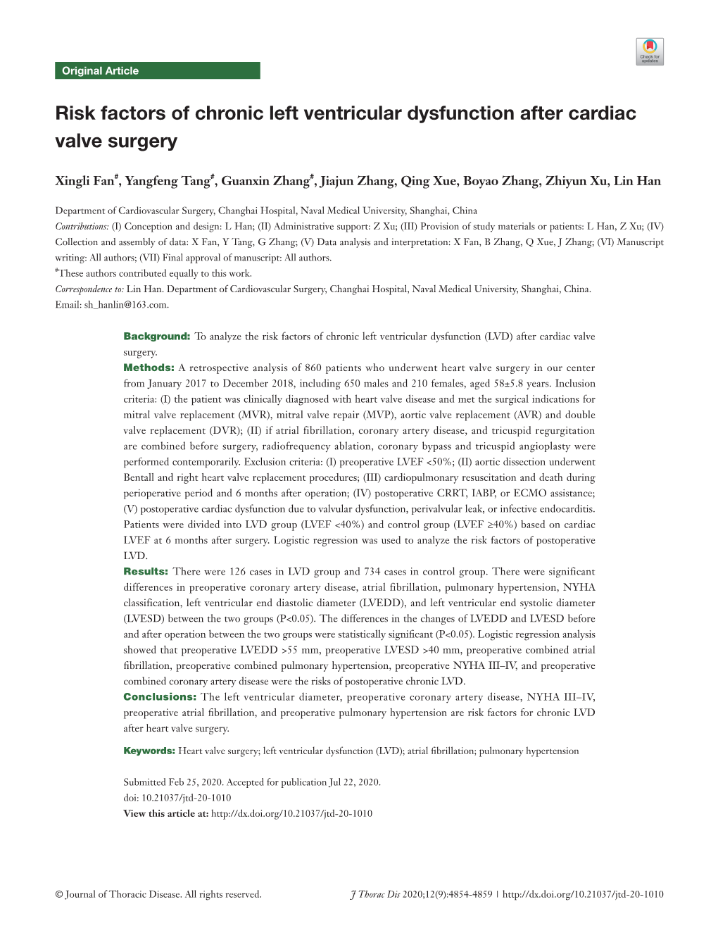 Risk Factors of Chronic Left Ventricular Dysfunction After Cardiac Valve Surgery