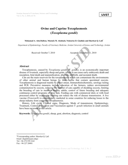 Ovine and Caprine Toxoplasmosis (Toxoplasma Gondii)