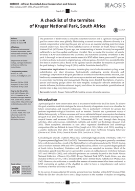 A Checklist of the Termites of Kruger National Park, South Africa