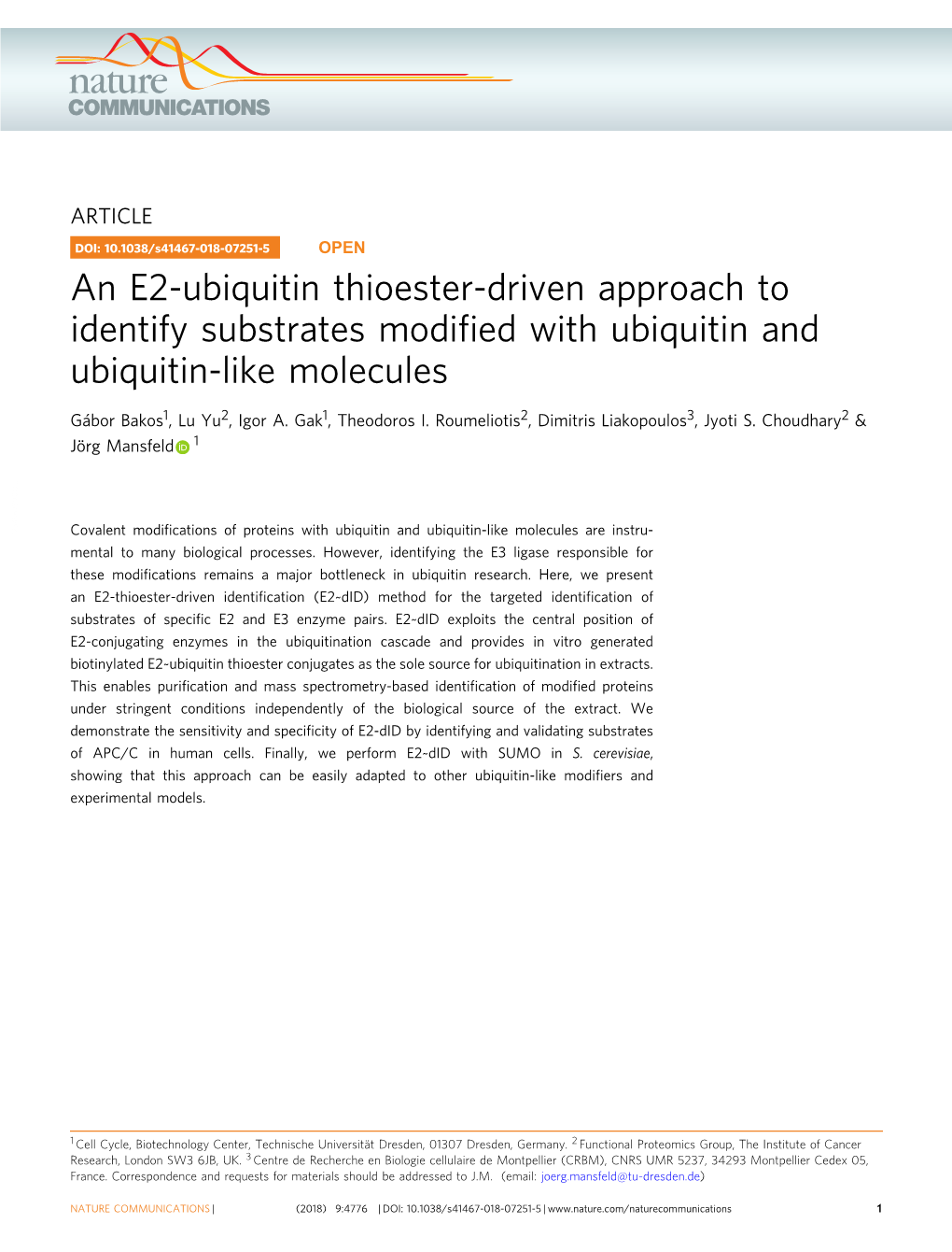 An E2-Ubiquitin Thioester-Driven Approach to Identify Substrates Modiﬁed with Ubiquitin and Ubiquitin-Like Molecules