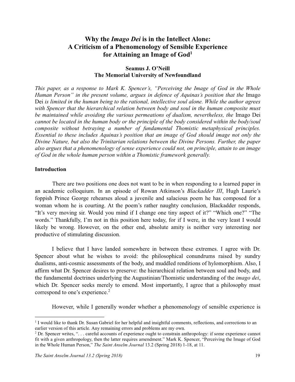 Why the Imago Dei Is in the Intellect Alone: a Criticism of a Phenomenology of Sensible Experience for Attaining an Image of God1