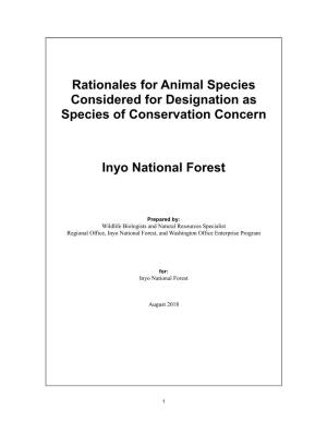 Rationales for Animal Species Considered for Designation As Species of Conservation Concern Inyo National Forest