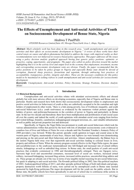 The Effects of Unemployment and Anti-Social Activities of Youth on Socioeconomic Development of Benue State, Nigeria
