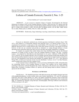 Lichens of Canada Exsiccati, Fascicle I, Nos. 1-25