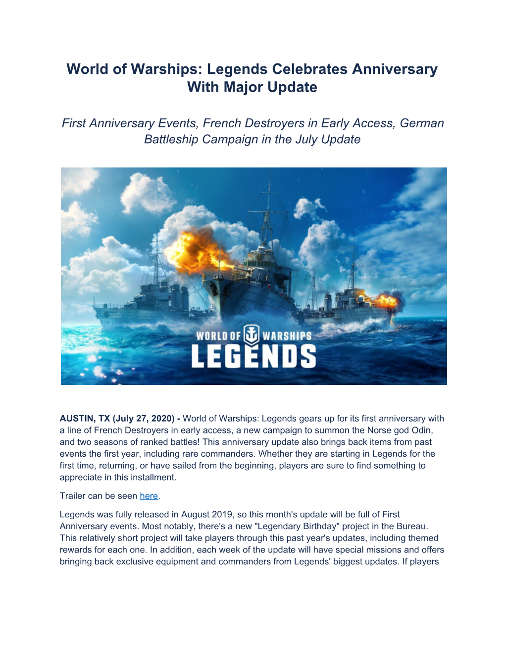 World of Warships: Legends Celebrates Anniversary with Major Update