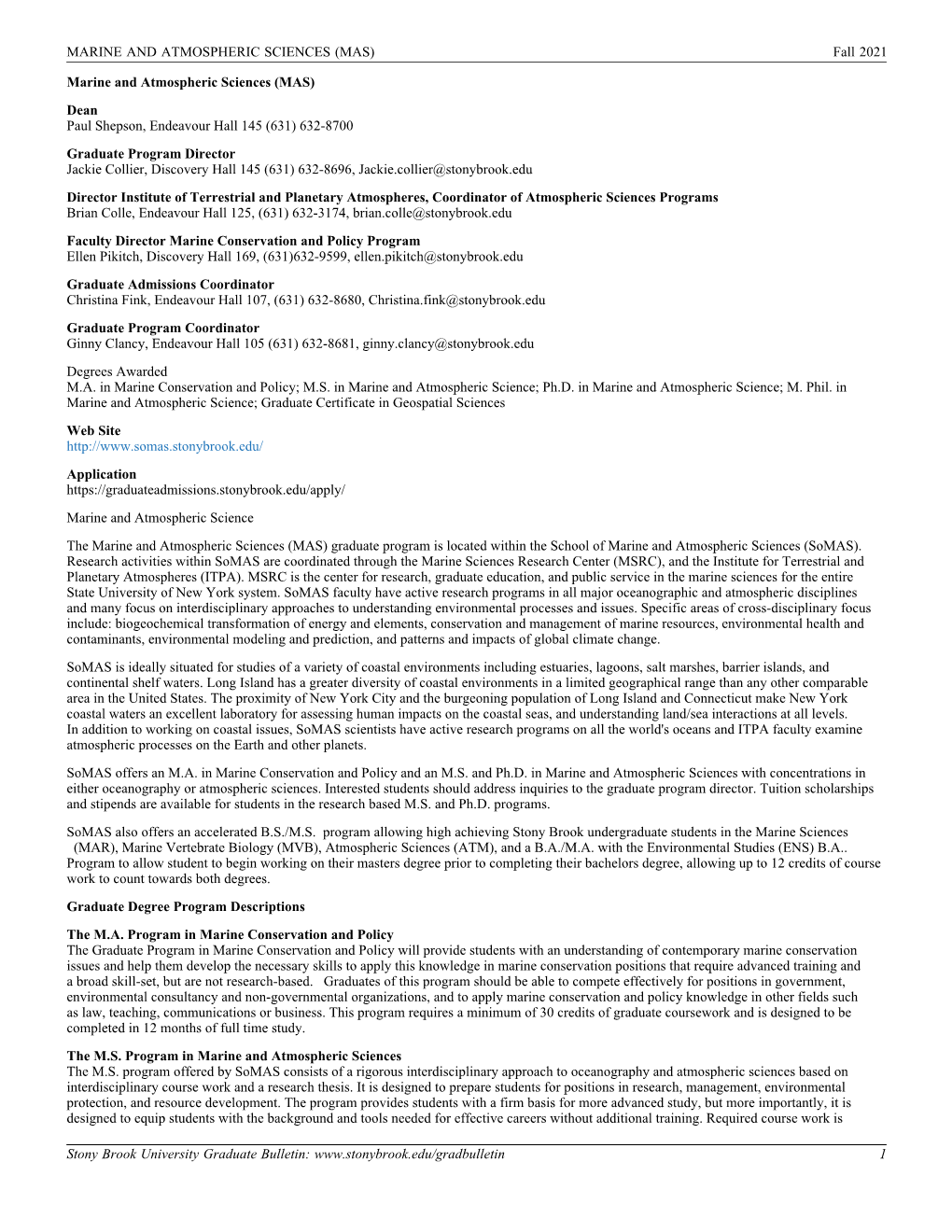 MARINE and ATMOSPHERIC SCIENCES (MAS) Fall 2021