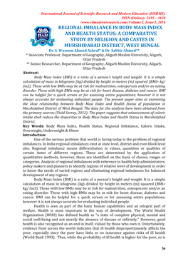 REGIONAL IMBALANCE in BODY MASS INDEX and HEALTH STATUS: a COMPARATIVE STUDY by RELIGION and CASTES in MURSHIDABAD DISTRICT, WEST BENGAL Dr