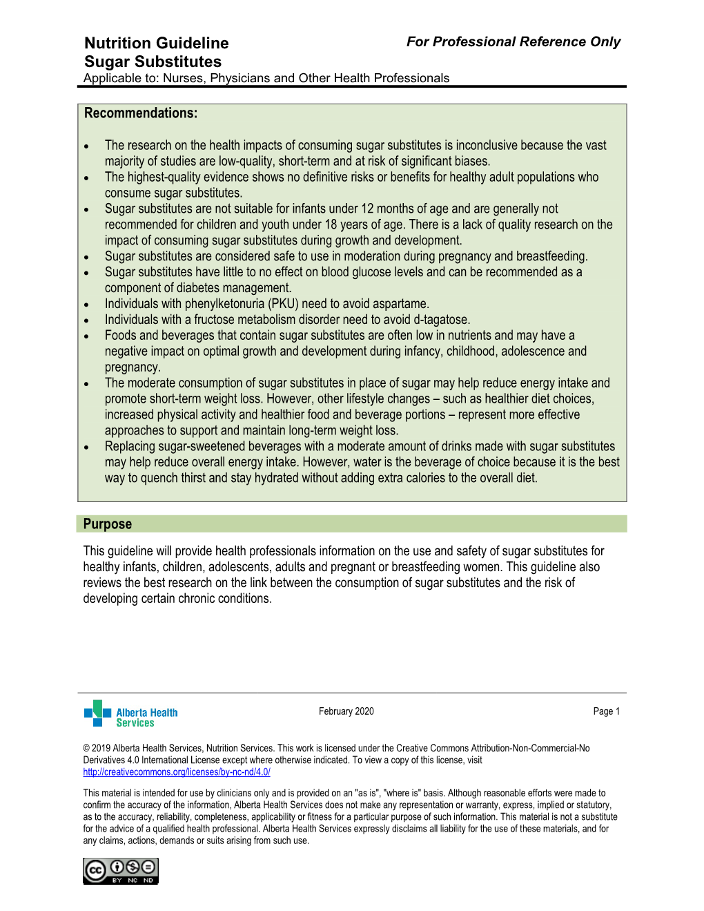 Nutrition Guideline: Sugar Substitutes