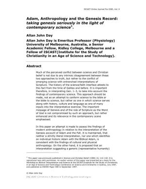 Adam, Anthropology and the Genesis Record: Taking Genesis Seriously in the Light of Contemporary Science1