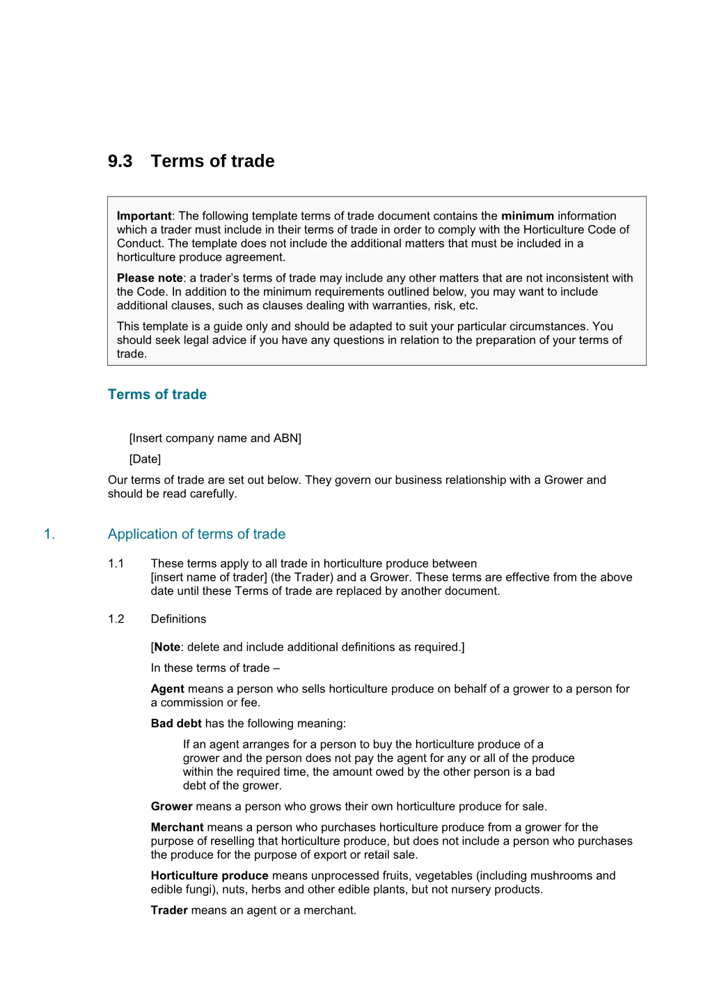 Template Terms of Trade