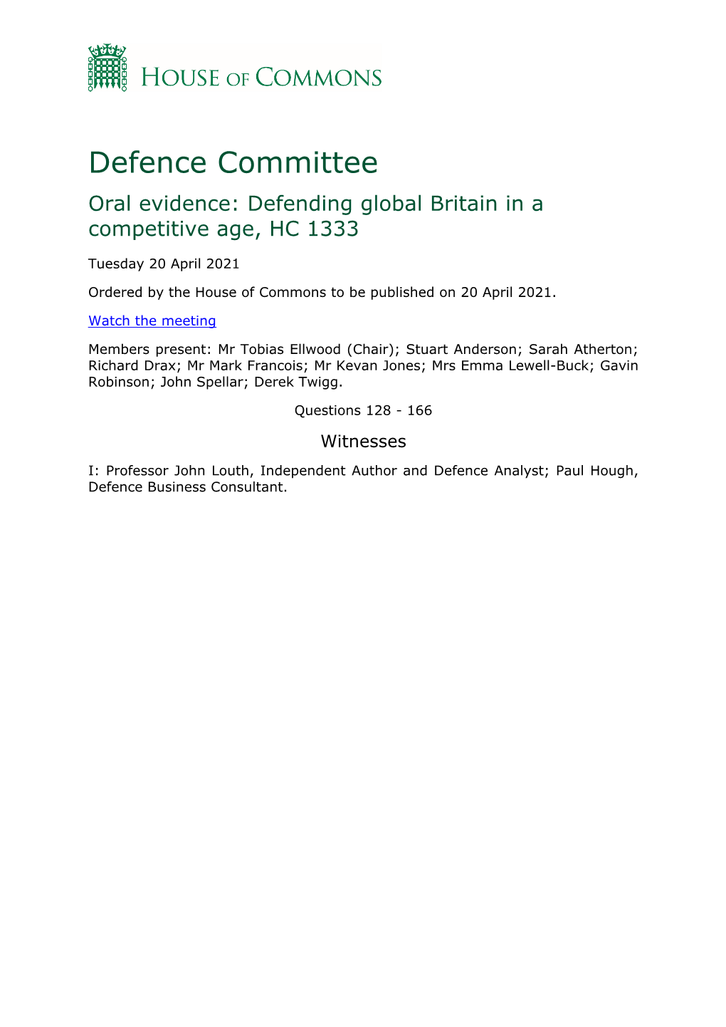Defence Committee Oral Evidence: Defending Global Britain in a Competitive Age, HC 1333