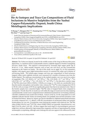 He-Ar Isotopes and Trace Gas Compositions of Fluid Inclusions in Massive Sulphides from the Yushui Copper-Polymetallic Deposit, South China: Metallogenic Implications
