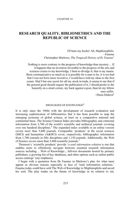 Research Quality, Bibliometrics and the Republic of Science