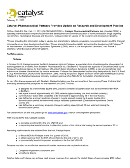 Catalyst Pharmaceutical Partners Provides Update on Research and Development Pipeline