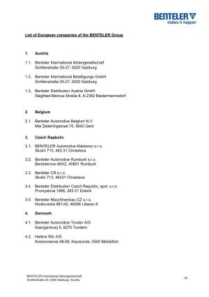 List of European Companies of the BENTELER Group 1. Austria 1.1