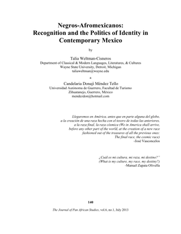 Negros-Afromexicanos: Recognition and the Politics of Identity in Contemporary Mexico