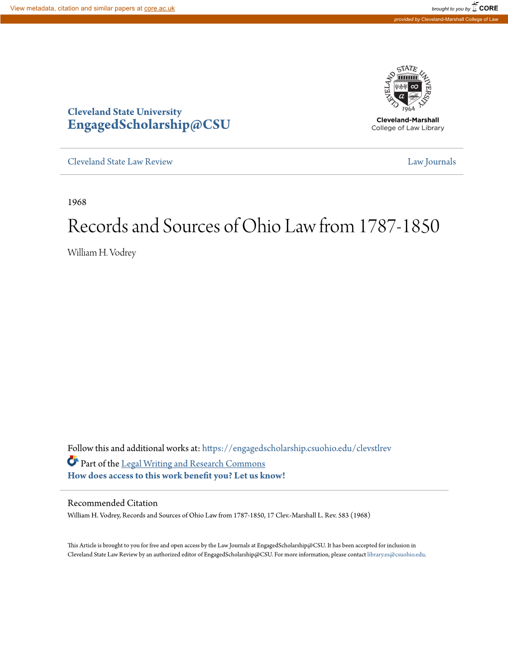 Records and Sources of Ohio Law from 1787-1850 William H